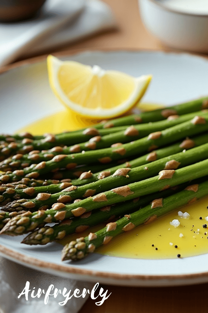 "Golden and crispy frozen asparagus in air fryer basket, cooked to perfection with a light char, bright kitchen lighting, healthy side dish."