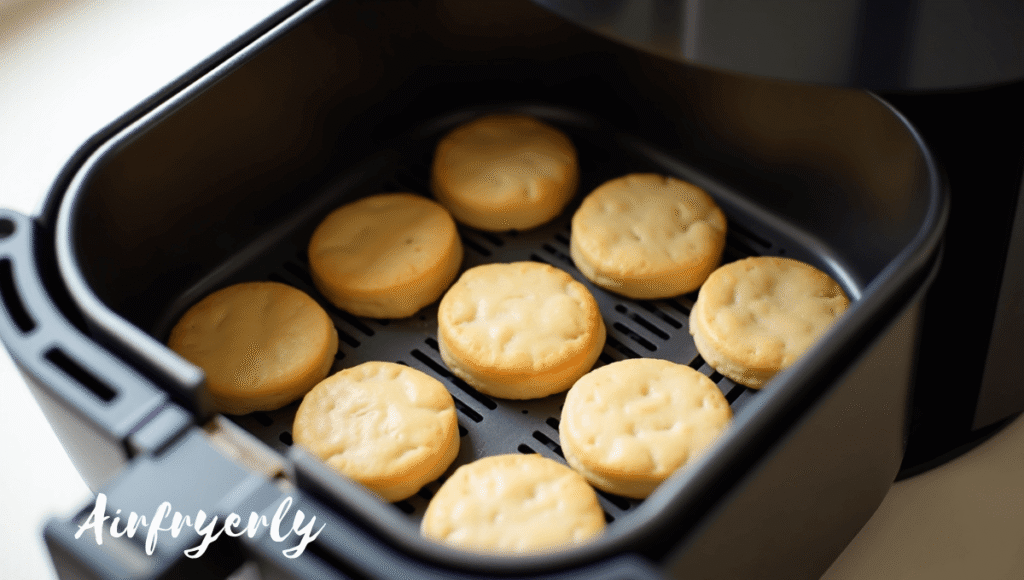 Placing frozen biscuits in air fryer basket evenly spaced