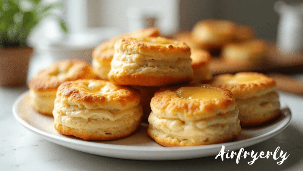 Golden brown frozen biscuits in air fryer after cooking