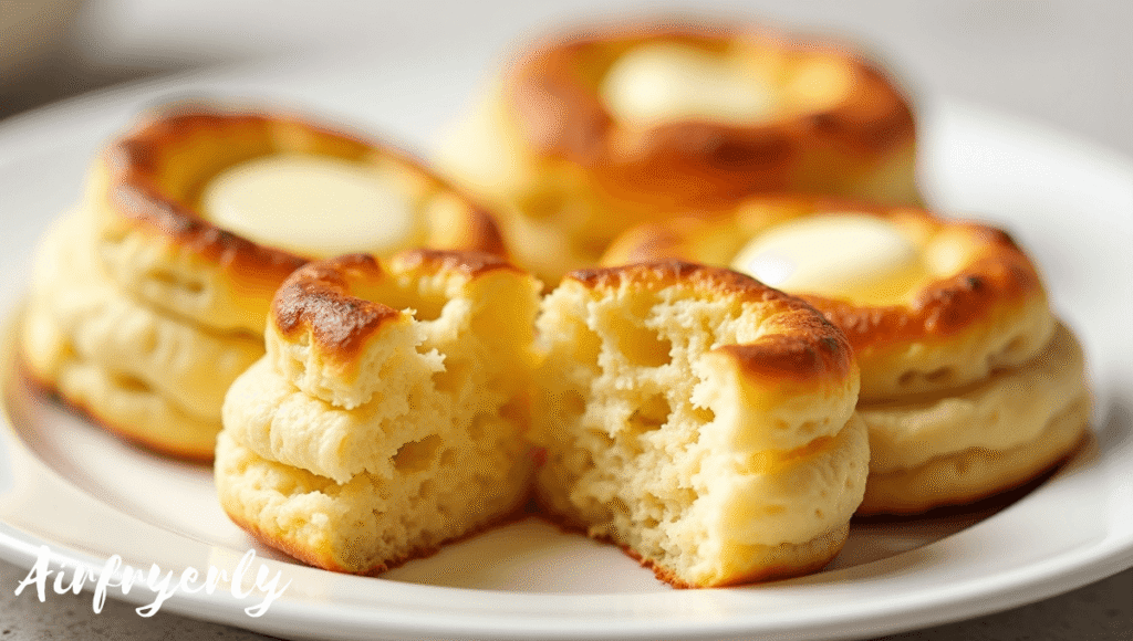 Fluffy frozen biscuits in air fryer served on plate with butter