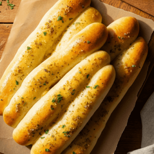 Golden New York Bakery breadsticks served on a white plate with dipping sauces, garnished with fresh parsley and placed on a rustic wooden table beside an air fryer basket