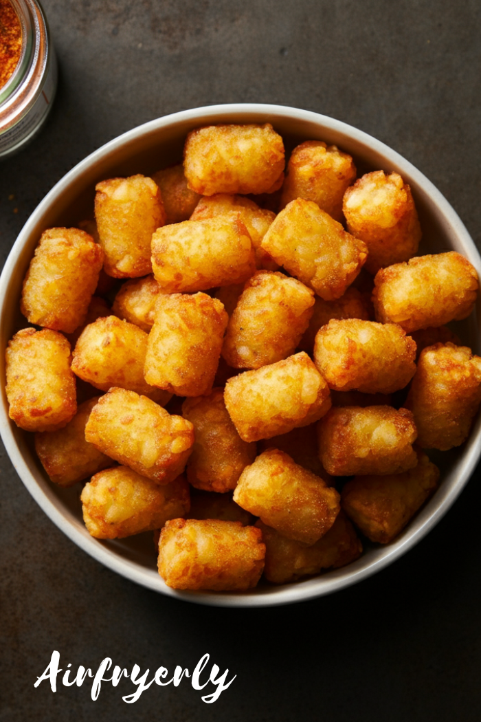 Golden crispy Ore Ida tater tots air fryer recipe served in a white bowl with dipping sauce on the side
