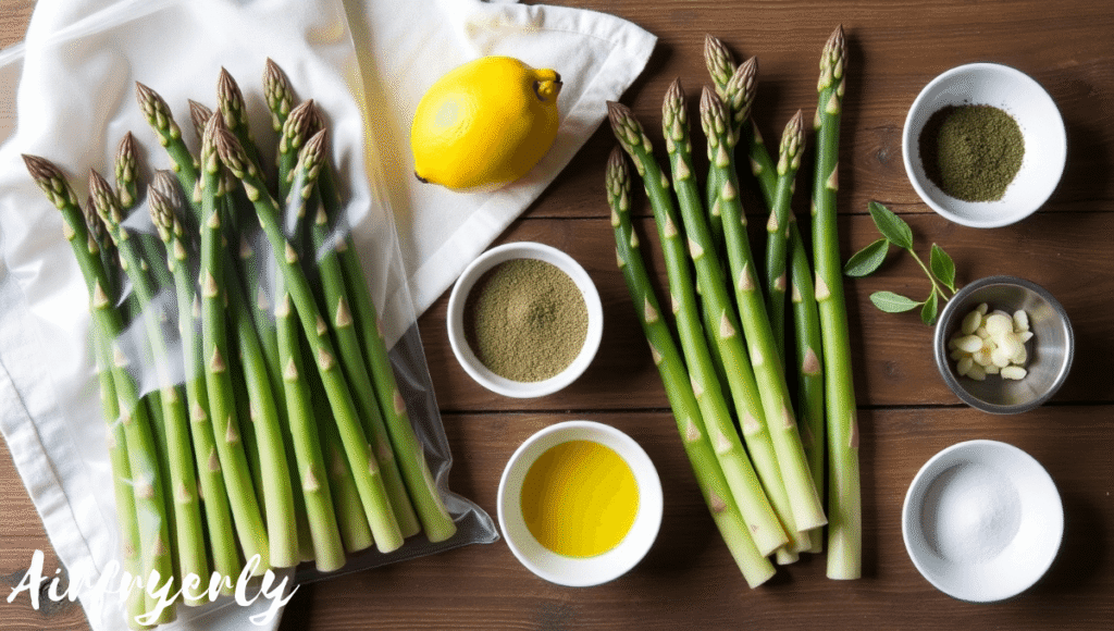 "Flat lay of frozen asparagus spears, olive oil, lemon, garlic powder, oregano, and salt on a rustic kitchen counter for frozen asparagus in air fryer recipe.