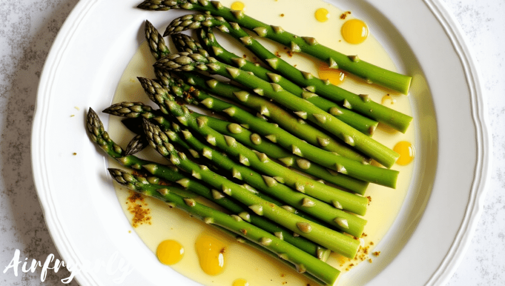 "Golden brown asparagus spears in an air fryer basket with crispy edges after final cook."