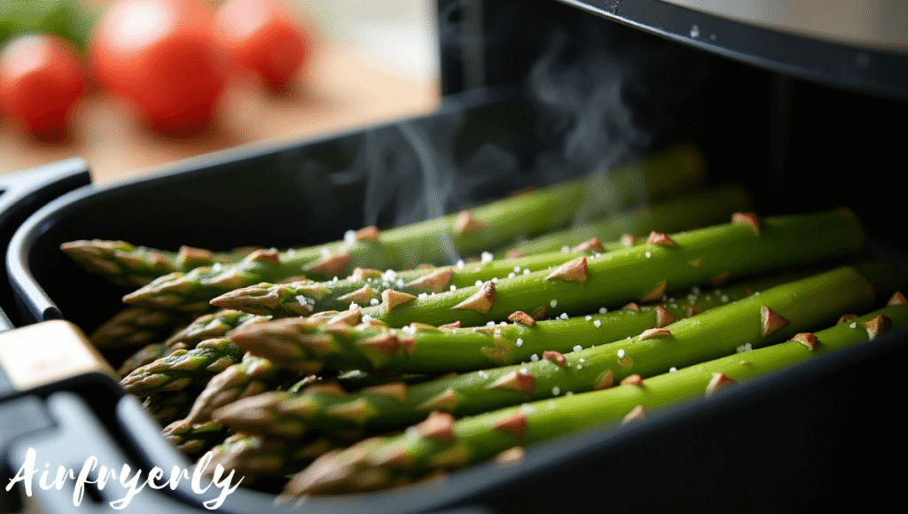 "Frozen asparagus in air fryer cooking at 390°F during the first cooking stage."