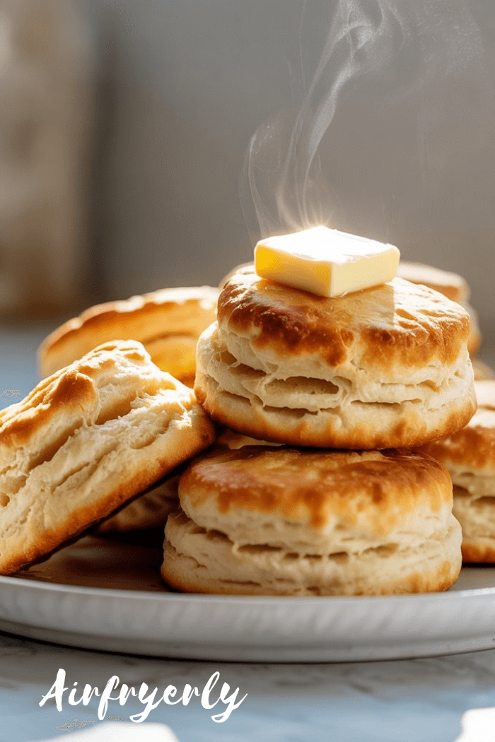 Golden fluffy frozen biscuits in air fryer basket ready to serve