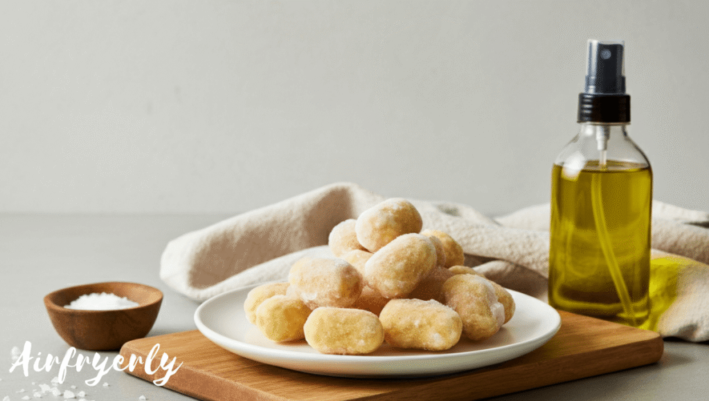 Ingredients for Ore Ida tater tots air fryer recipe including frozen tater tots, salt, and seasoning blend on a kitchen counter