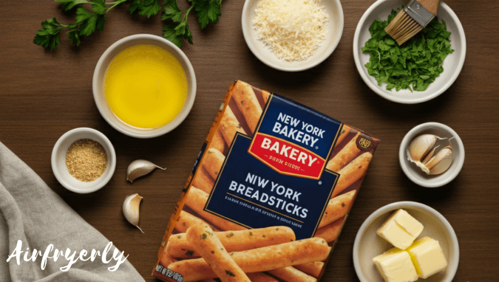 “Ingredients for New York Bakery breadsticks air fryer recipe including frozen breadsticks, melted butter, garlic powder, Parmesan cheese, and parsley on a countertop.”