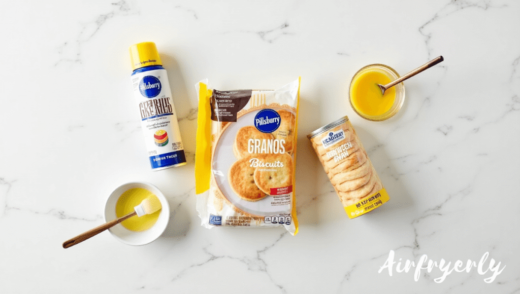 Frozen biscuits in air fryer ingredients on kitchen counter