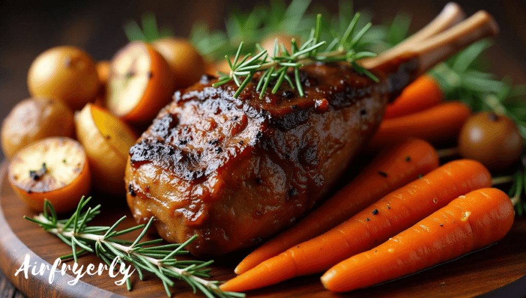 Juicy chuck roast in air fryer served with roasted carrots and potatoes, crispy outside and tender inside