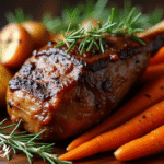 Juicy chuck roast in air fryer served with roasted carrots and potatoes, crispy outside and tender inside