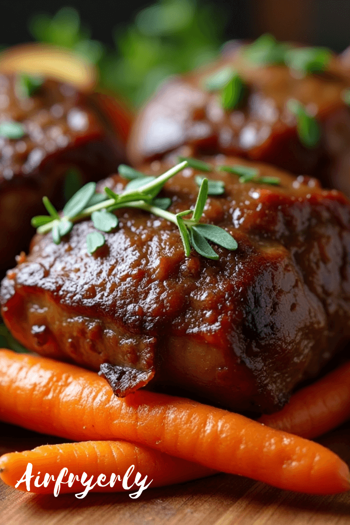 Juicy chuck roast in air fryer served with roasted carrots and potatoes, crispy outside and tender inside