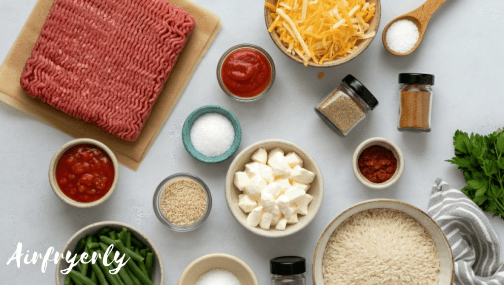 A flat lay of all key ingredients for spicy air fryer ground beef casserole: raw ground beef on butcher paper, taco seasoning in a small bowl, rinsed black beans and corn in separate bowls, chunky salsa, crushed tortilla chips on a board, shredded Monterey Jack cheese in a white bowl, and sliced jalapeños in a dish. Set on a light wooden background with soft natural lighting.

