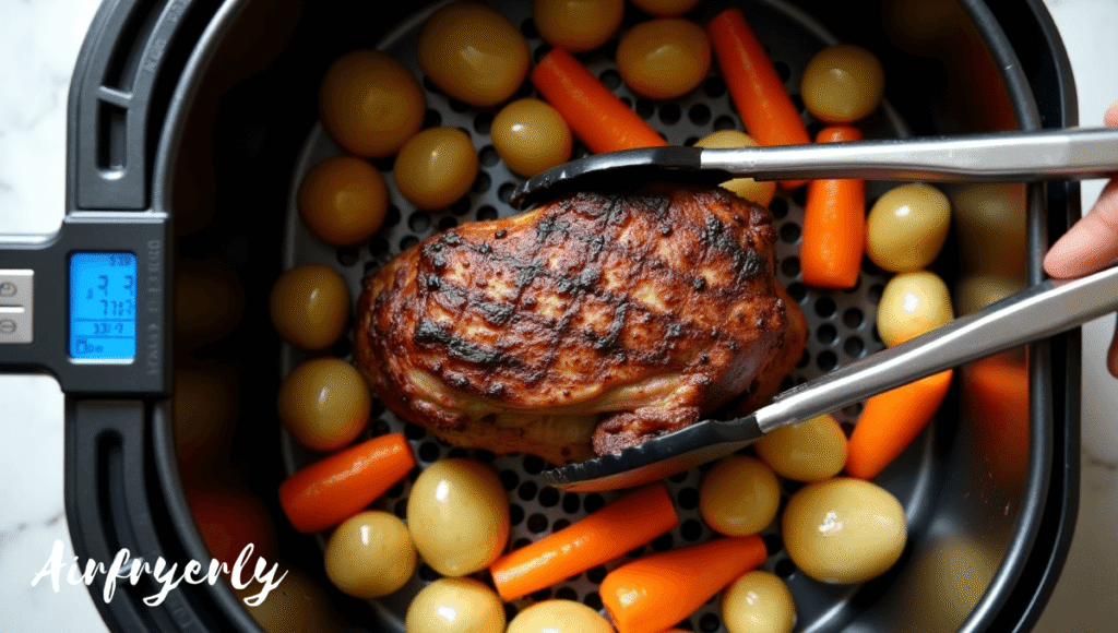 "Chuck roast in air fryer basket cooking alongside carrots and potatoes"