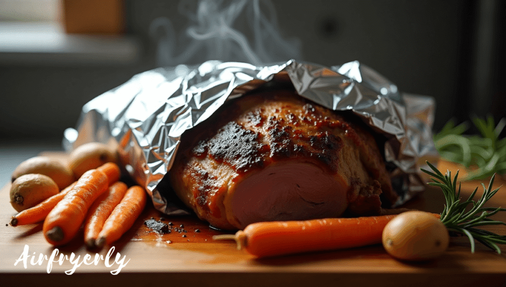 "Cooked chuck roast resting on a cutting board loosely covered with foil to retain juices"