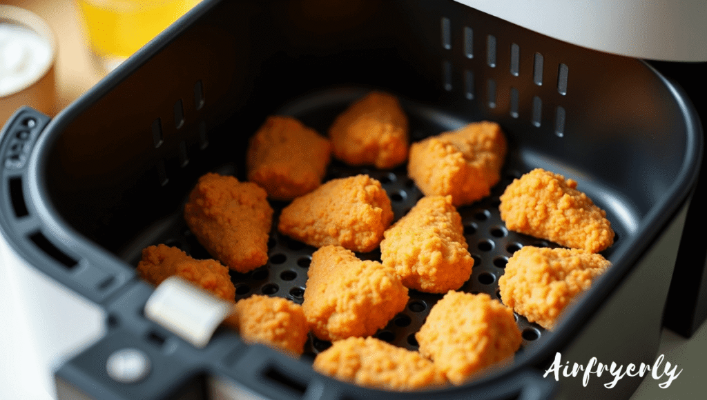 Frozen Tyson popcorn chicken placed evenly in air fryer basket ready to cook.
