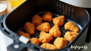 Frozen Tyson popcorn chicken placed evenly in air fryer basket ready to cook.