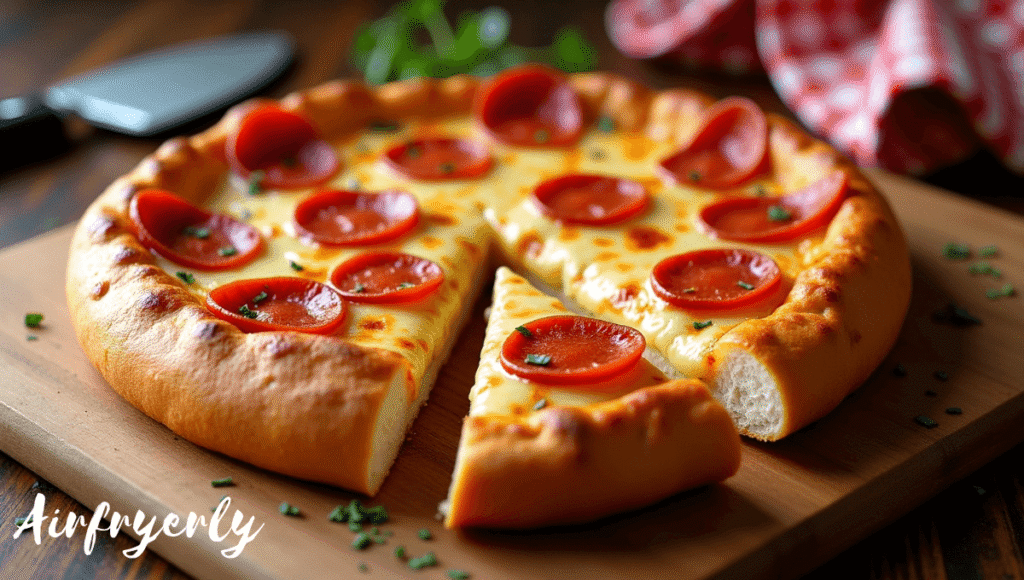 Freshly cooked Red Baron French Bread Pizza in an air fryer basket, golden crispy crust, melted cheese and pepperoni slices, ready to serve — Red Baron French Bread Pizza Air Fryer.