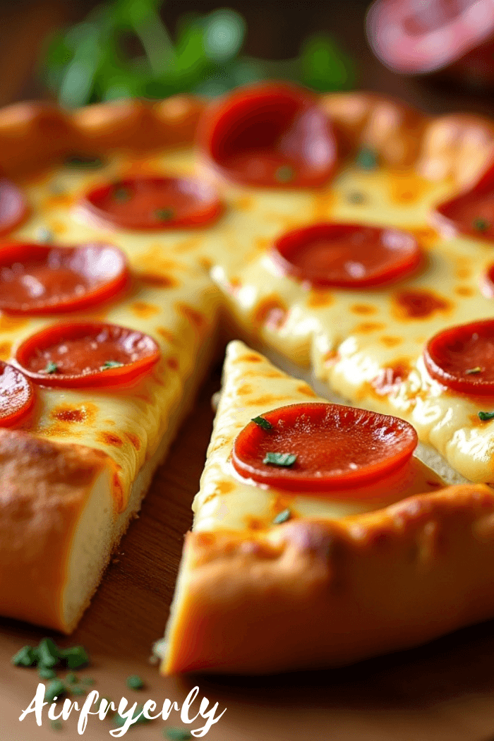 Freshly cooked Red Baron French Bread Pizza in an air fryer basket, golden crispy crust, melted cheese and pepperoni slices, ready to serve — Red Baron French Bread Pizza Air Fryer.