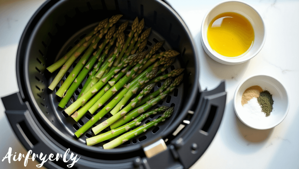 "Partially cooked asparagus on a plate drizzled with olive oil, lemon juice, garlic powder, and oregano."