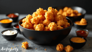 Freshly cooked Tyson popcorn chicken air fryer served hot in a bowl with dipping sauces on the side.