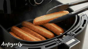 “Golden brown New York Bakery breadsticks halfway cooked in air fryer, being flipped with silicone tongs for even crisping.”