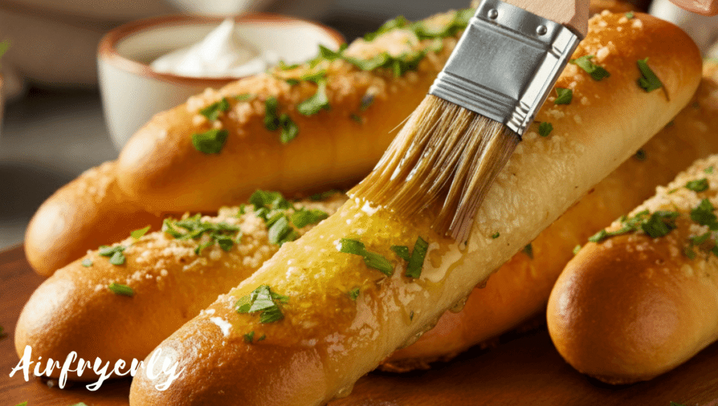 “Freshly cooked New York Bakery breadsticks from air fryer brushed with melted butter and sprinkled with Parmesan, served on a white plate.”