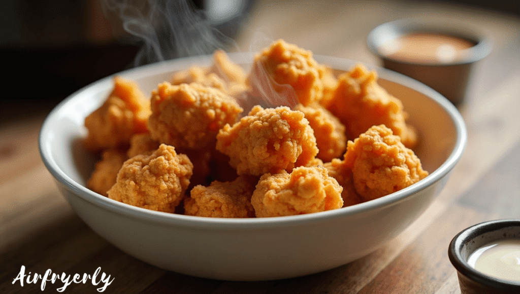 Crispy golden Tyson popcorn chicken air fryer recipe served in a bowl with dipping sauce on the side, delicious and easy snack idea.