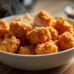 Crispy golden Tyson popcorn chicken air fryer recipe served in a bowl with dipping sauce on the side, delicious and easy snack idea.