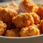 Crispy golden Tyson popcorn chicken air fryer recipe served in a bowl with dipping sauce on the side, delicious and easy snack idea.