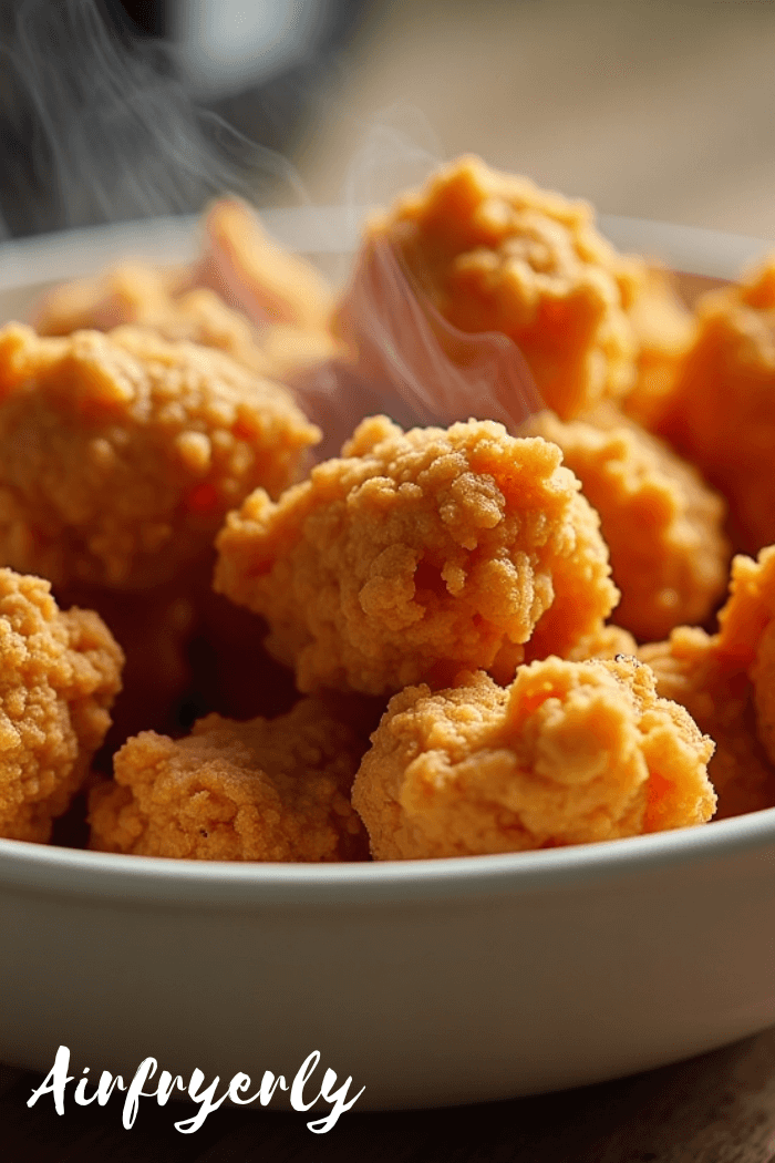 Crispy golden Tyson popcorn chicken air fryer recipe served in a bowl with dipping sauce on the side, delicious and easy snack idea.