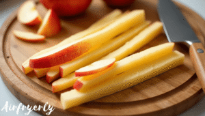 "Fry-shaped apple sticks (½ inch thick) neatly arranged on a cutting board, ready to make crispy air fryer apple fries."