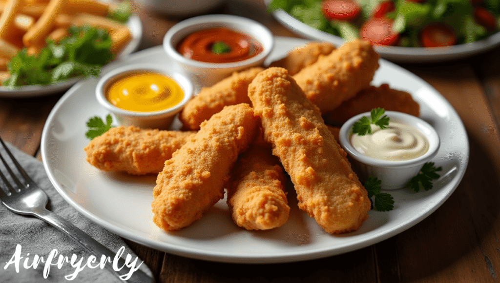 “Crispy golden Tyson Honey Breast Tenders cooked in the air fryer, served on a white plate with dipping sauces and fries, styled on a rustic wooden table.”