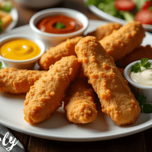 “Crispy golden Tyson Honey Breast Tenders cooked in the air fryer, served on a white plate with dipping sauces and fries, styled on a rustic wooden table.”