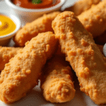 “Crispy golden Tyson Honey Breast Tenders cooked in the air fryer, served on a white plate with dipping sauces and fries, styled on a rustic wooden table.”