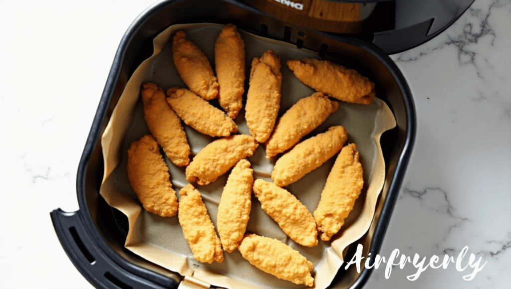 “Placing frozen Tyson Honey Breast Tenders in a single layer inside an air fryer basket for even cooking.”