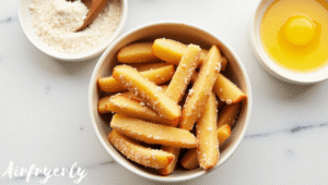 "Apple sticks fully coated in spiced flour mixture, ready for cooking crispy air fryer apple fries."