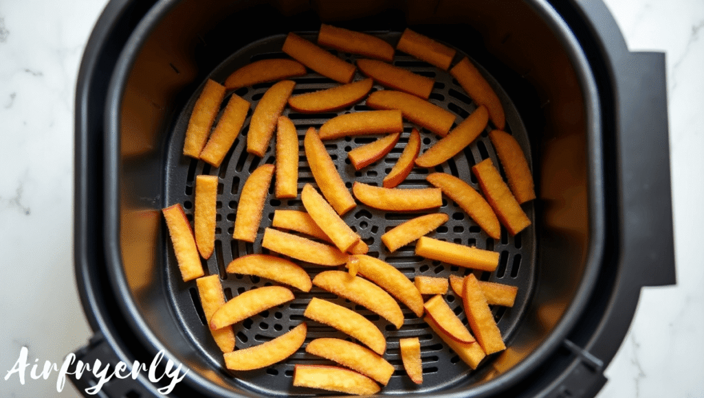 "Apple sticks arranged in a single layer in the air fryer basket, sprayed lightly with oil, cooking into crispy air fryer apple fries."