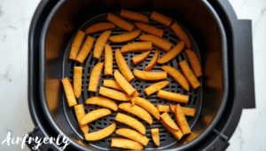 "Apple sticks arranged in a single layer in the air fryer basket, sprayed lightly with oil, cooking into crispy air fryer apple fries."