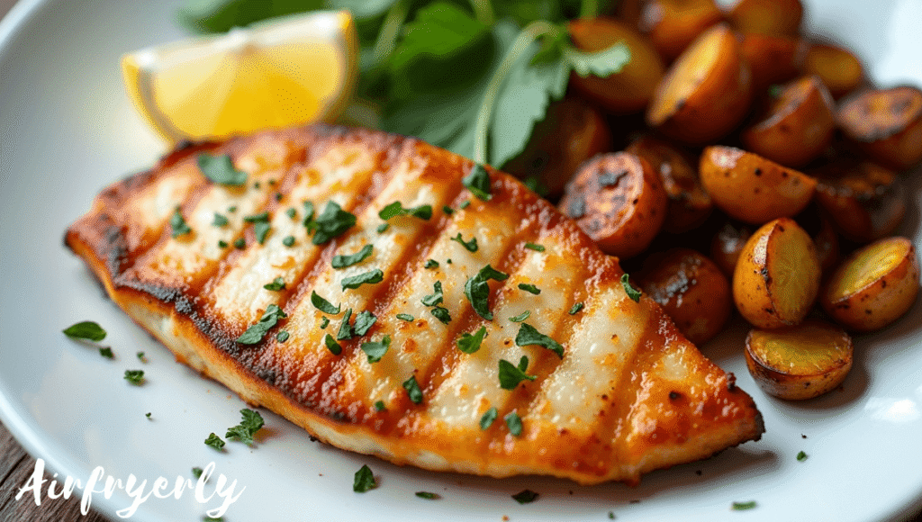 "Golden brown air fryer swordfish steaks with crispy edges and juicy inside, served with lemon slices and fresh herbs on a white plate, perfect healthy dinner idea."