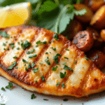 "Golden brown air fryer swordfish steaks with crispy edges and juicy inside, served with lemon slices and fresh herbs on a white plate, perfect healthy dinner idea."