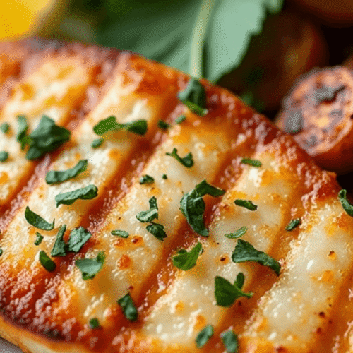 "Golden brown air fryer swordfish steaks with crispy edges and juicy inside, served with lemon slices and fresh herbs on a white plate, perfect healthy dinner idea."