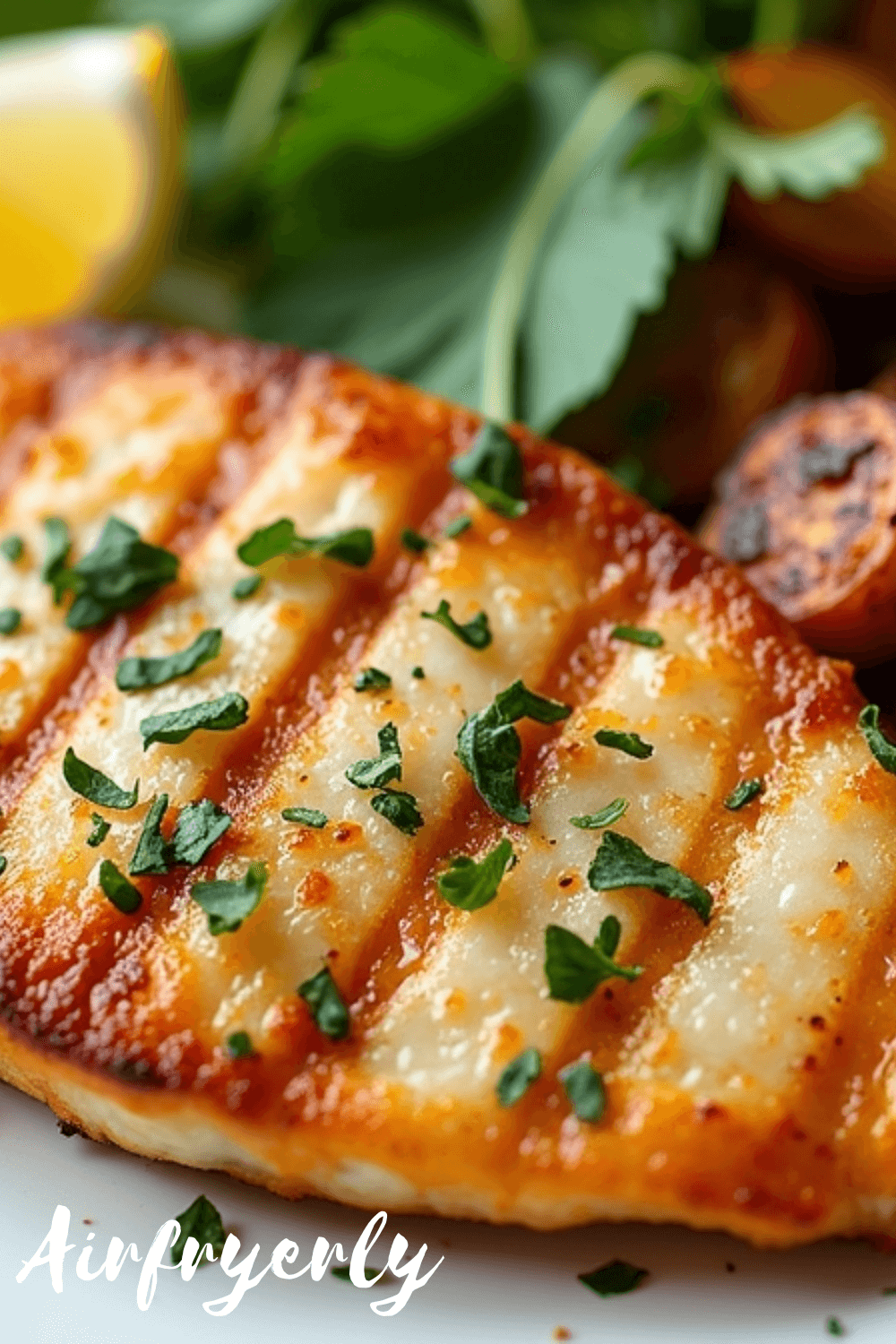 "Golden brown air fryer swordfish steaks with crispy edges and juicy inside, served with lemon slices and fresh herbs on a white plate, perfect healthy dinner idea."