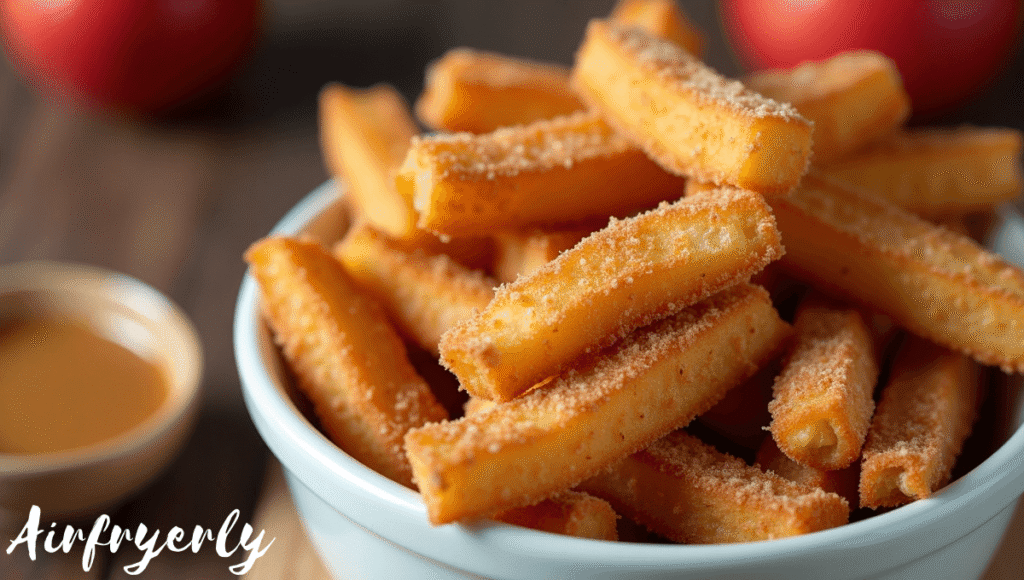 "Golden crispy air fryer apple fries served on a white plate, sprinkled with cinnamon sugar, with dipping sauces on the side – easy 5-minute dessert snack recipe."