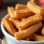 "Golden crispy air fryer apple fries served on a white plate, sprinkled with cinnamon sugar, with dipping sauces on the side – easy 5-minute dessert snack recipe."