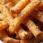 "Golden crispy air fryer apple fries served on a white plate, sprinkled with cinnamon sugar, with dipping sauces on the side – easy 5-minute dessert snack recipe."