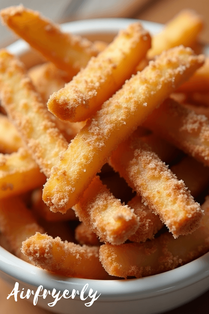 "Golden crispy air fryer apple fries served on a white plate, sprinkled with cinnamon sugar, with dipping sauces on the side – easy 5-minute dessert snack recipe."