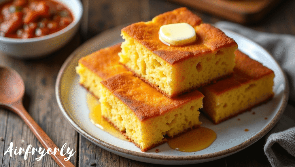 "Freshly baked Jiffy cornbread in air fryer, golden brown with a crispy crust and fluffy inside, sliced and served warm on a rustic plate with butter on top."