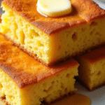 "Freshly baked Jiffy cornbread in air fryer, golden brown with a crispy crust and fluffy inside, sliced and served warm on a rustic plate with butter on top."