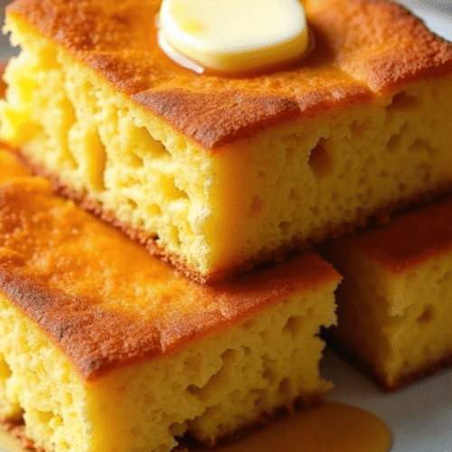 "Freshly baked Jiffy cornbread in air fryer, golden brown with a crispy crust and fluffy inside, sliced and served warm on a rustic plate with butter on top."